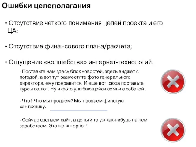 Ошибки целеполагания Отсутствие четкого понимания целей проекта и его ЦА; Отсутствие финансового