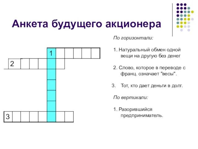 Анкета будущего акционера По горизонтали: 1. Натуральный обмен одной вещи на другую