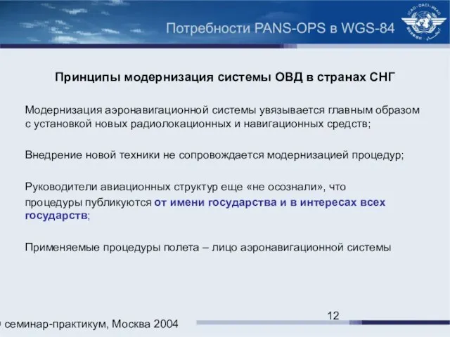 ИКАО семинар-практикум, Москва 2004 Принципы модернизация системы ОВД в странах СНГ Модернизация