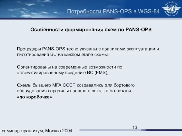 ИКАО семинар-практикум, Москва 2004 Особенности формирования схем по PANS-OPS Процедуры PANS-OPS тесно