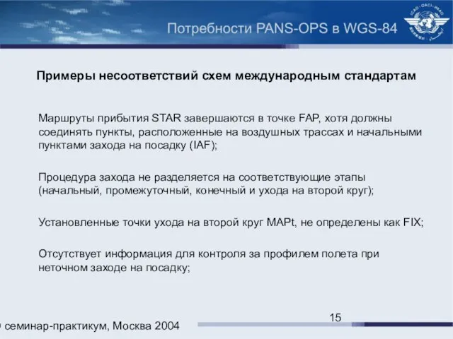 ИКАО семинар-практикум, Москва 2004 Примеры несоответствий схем международным стандартам Маршруты прибытия STAR