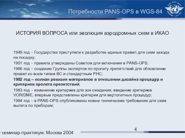 ИКАО семинар-практикум, Москва 2004 ИСТОРИЯ ВОПРОСА или эволюция аэродромных схем в ИКАО