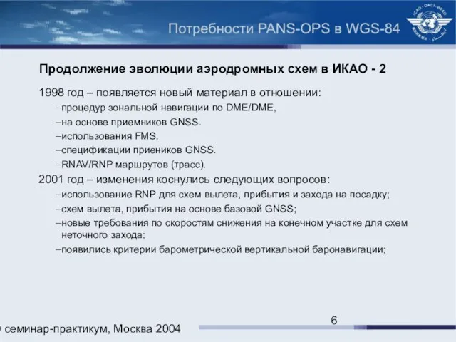 ИКАО семинар-практикум, Москва 2004 Продолжение эволюции аэродромных схем в ИКАО - 2