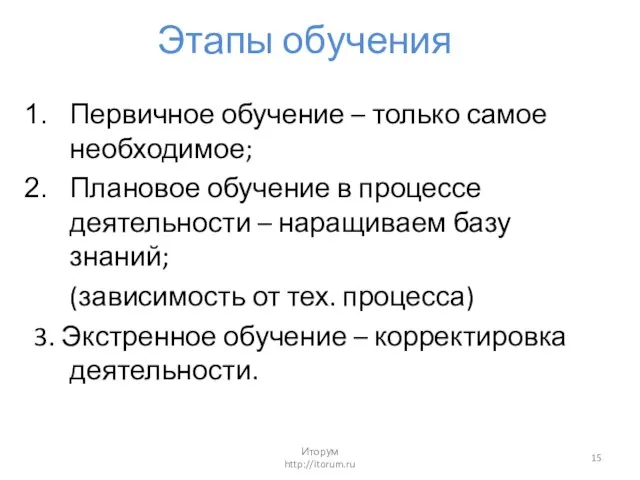 Этапы обучения Первичное обучение – только самое необходимое; Плановое обучение в процессе