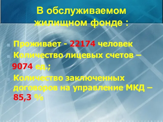 В обслуживаемом жилищном фонде : Проживает - 22174 человек Количество лицевых счетов