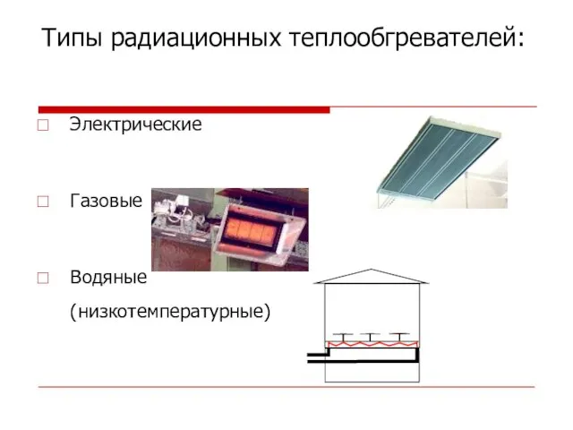 Типы радиационных теплообгревателей: Электрические Газовые Водяные (низкотемпературные)