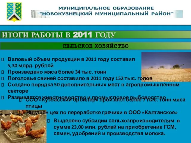 ИТОГИ РАБОТЫ В 2011 ГОДУ СЕЛЬСКОЕ ХОЗЯЙСТВО Валовый объем продукции в 2011