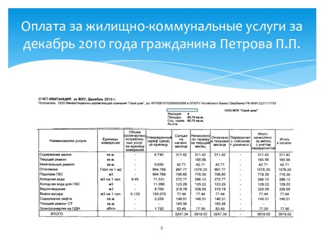 Оплата за жилищно-коммунальные услуги за декабрь 2010 года гражданина Петрова П.П.