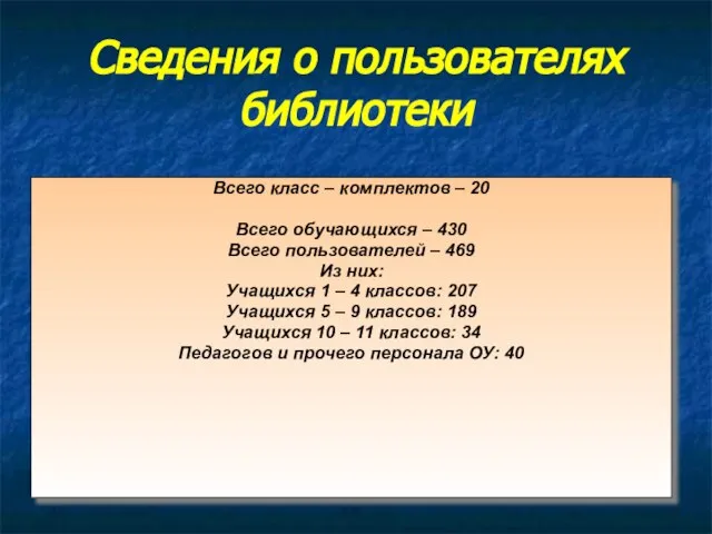 Сведения о пользователях библиотеки Всего класс – комплектов – 20 Всего обучающихся