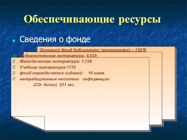 Обеспечивающие ресурсы Сведения о фонде Основной фонд библиотеки (экземпляров) – 13076 Художественная