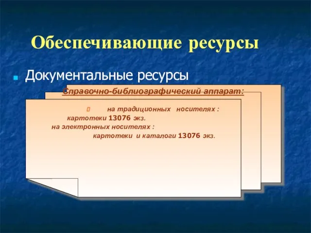 Обеспечивающие ресурсы Документальные ресурсы Справочно-библиографический аппарат: на традиционных носителях : картотеки 13076