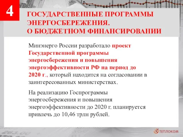 ГОСУДАРСТВЕННЫЕ ПРОГРАММЫ ЭНЕРГОСБЕРЕЖЕНИЯ. О БЮДЖЕТНОМ ФИНАНСИРОВАНИИ 4 Минэнерго России разработало проект Государственной