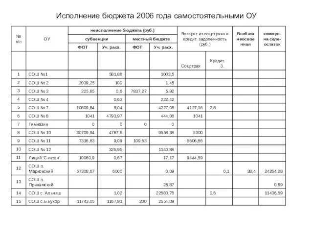 Исполнение бюджета 2006 года самостоятельными ОУ