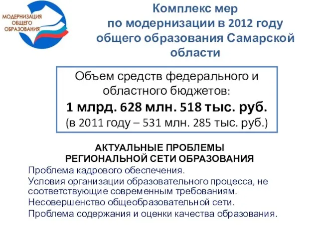 Комплекс мер по модернизации в 2012 году общего образования Самарской области Объем