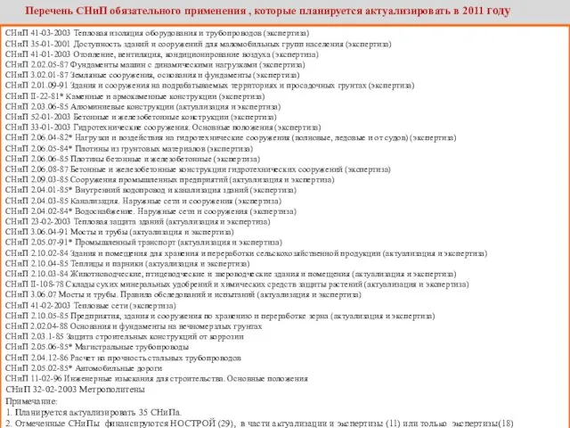 Перечень СНиП обязательного применения , которые планируется актуализировать в 2011 году СНиП