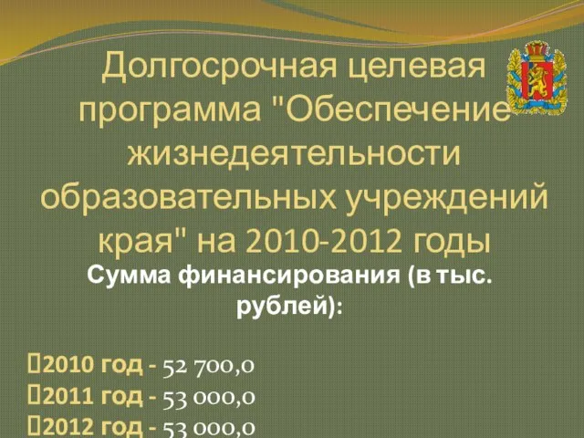 Долгосрочная целевая программа "Обеспечение жизнедеятельности образовательных учреждений края" на 2010-2012 годы Сумма