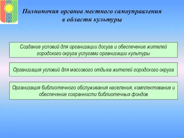 Полномочия органов местного самоуправления в области культуры Организация условий для массового отдыха