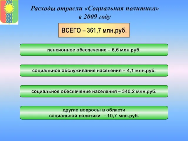 Расходы отрасли «Социальная политика» в 2009 году ВСЕГО – 361,7 млн.руб. пенсионное