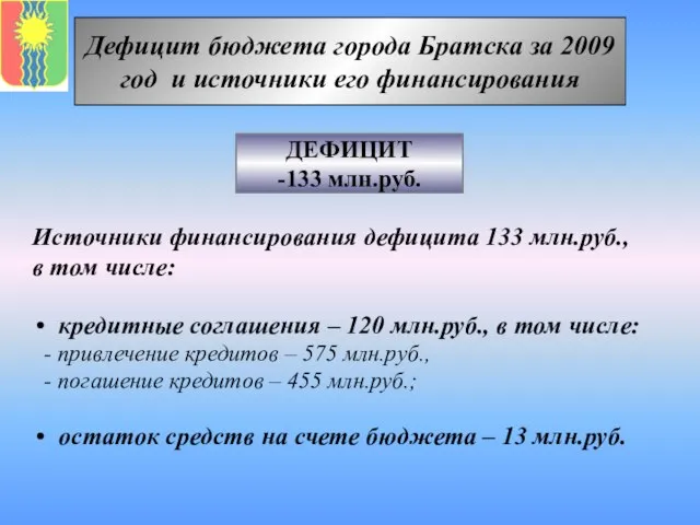 ДЕФИЦИТ -133 млн.руб. Источники финансирования дефицита 133 млн.руб., в том числе: кредитные