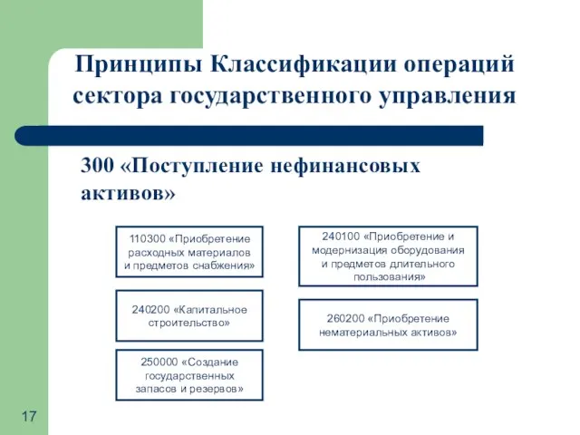 Принципы Классификации операций сектора государственного управления 300 «Поступление нефинансовых активов» 110300 «Приобретение