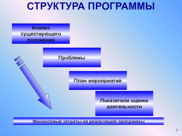 СТРУКТУРА ПРОГРАММЫ Финансовые затраты на реализацию программы Анализ существующего положения Проблемы План мероприятий Показатели оценки деятельности