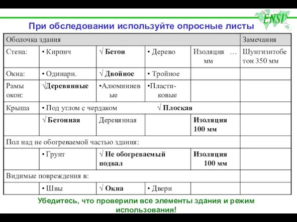 При обследовании используйте опросные листы Убедитесь, что проверили все элементы здания и режим использования!