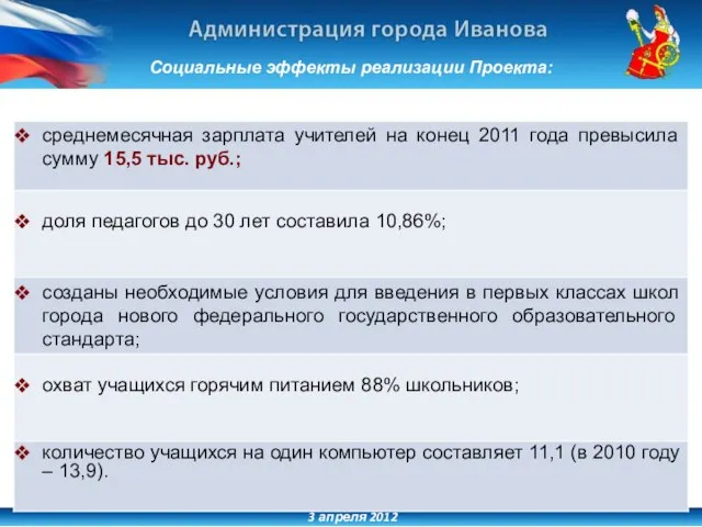 3 апреля 2012 Социальные эффекты реализации Проекта: