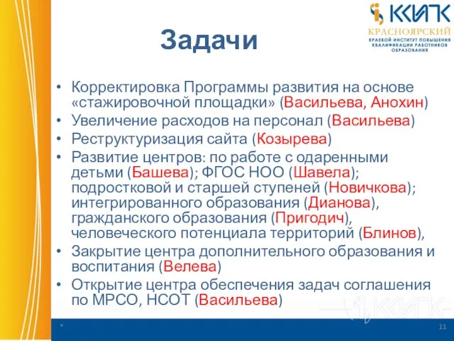 Задачи Корректировка Программы развития на основе «стажировочной площадки» (Васильева, Анохин) Увеличение расходов