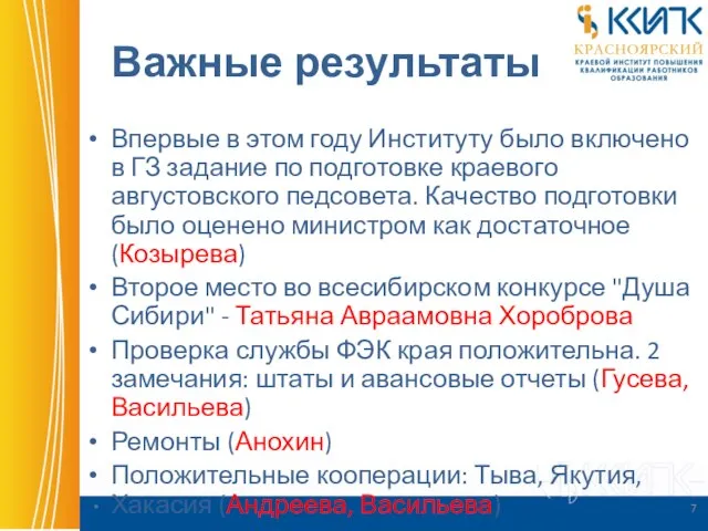 Важные результаты Впервые в этом году Институту было включено в ГЗ задание