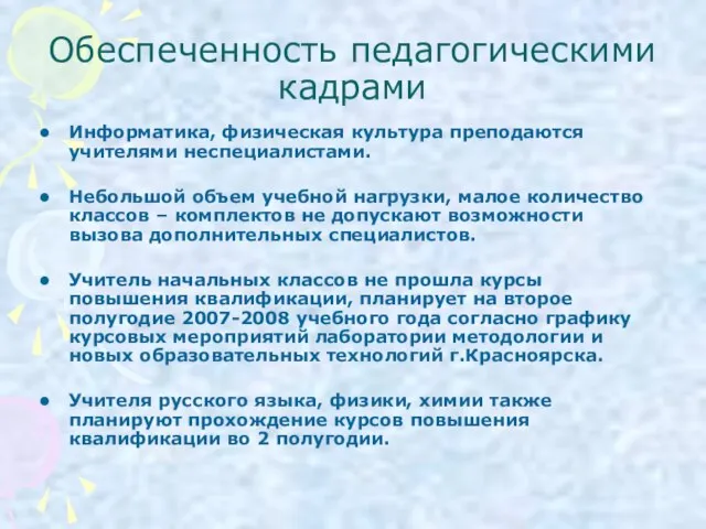 Обеспеченность педагогическими кадрами Информатика, физическая культура преподаются учителями неспециалистами. Небольшой объем учебной