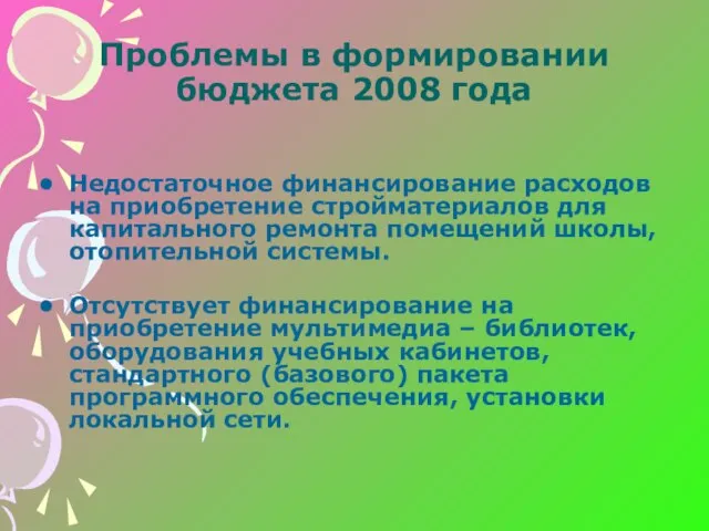 Проблемы в формировании бюджета 2008 года Недостаточное финансирование расходов на приобретение стройматериалов