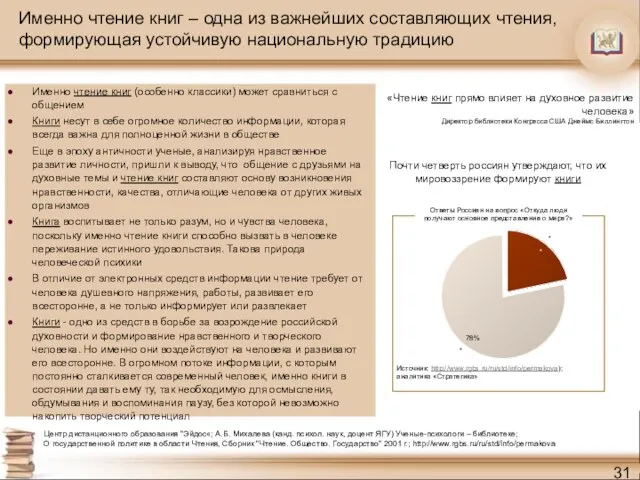 78% Именно чтение книг – одна из важнейших составляющих чтения, формирующая устойчивую