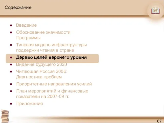 Содержание Введение Обоснование значимости Программы Типовая модель инфраструктуры поддержки чтения в стране