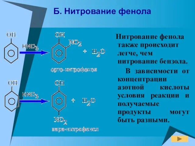 Б. Нитрование фенола Нитрование фенола также происходит легче, чем нитрование бензола. В