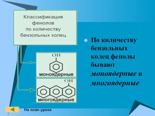 По количеству бензольных колец фенолы бывают моноядерные и многоядерные На план урока