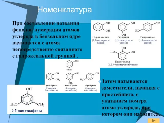 Номенклатура При составлении названия фенолов нумерация атомов углерода в бензольном ядре начинается