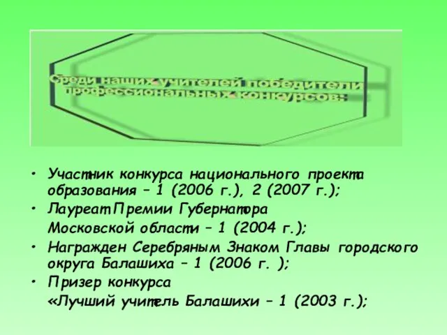 Участник конкурса национального проекта образования – 1 (2006 г.), 2 (2007 г.);