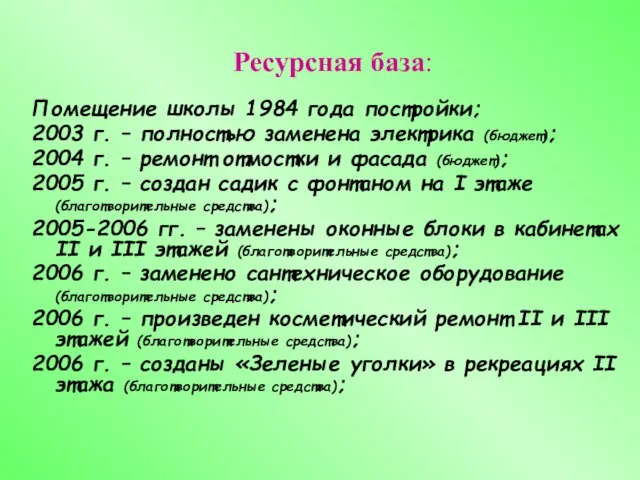 Ресурсная база: Помещение школы 1984 года постройки; 2003 г. – полностью заменена