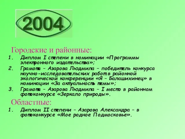 Городские и районные: Диплом I степени в номинации «Программы электронного издательства»; Грамота