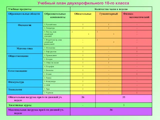 Учебный план двухпрофильного 10-го класса