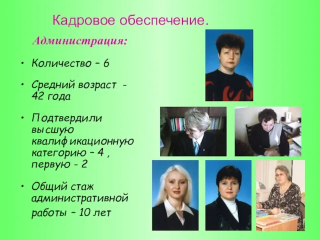 Администрация: Количество – 6 Средний возраст - 42 года Подтвердили высшую квалификационную