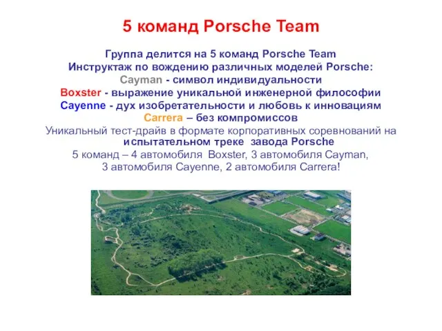 5 команд Porsche Team Группа делится на 5 команд Porsche Team Инструктаж