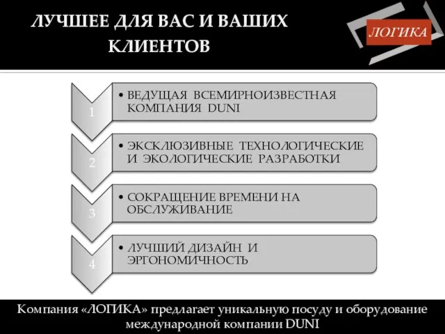 ЛУЧШЕЕ ДЛЯ ВАС И ВАШИХ КЛИЕНТОВ Компания «ЛОГИКА» предлагает уникальную посуду и оборудование международной компании DUNI