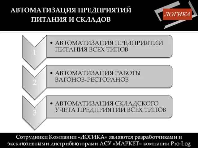 АВТОМАТИЗАЦИЯ ПРЕДПРИЯТИЙ ПИТАНИЯ И СКЛАДОВ Сотрудники Компании «ЛОГИКА» являются разработчиками и эксклюзивными