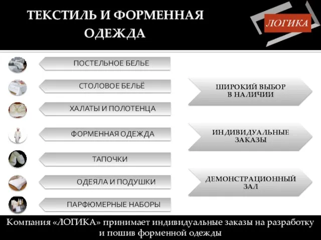 ТЕКСТИЛЬ И ФОРМЕННАЯ ОДЕЖДА Компания «ЛОГИКА» принимает индивидуальные заказы на разработку и пошив форменной одежды