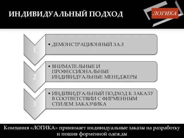 ИНДИВИДУАЛЬНЫЙ ПОДХОД Компания «ЛОГИКА» принимает индивидуальные заказы на разработку и пошив форменной одежды