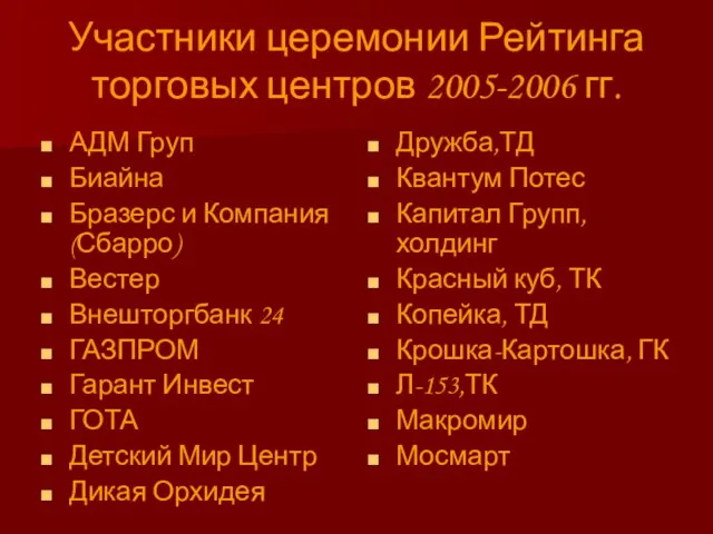 Участники церемонии Рейтинга торговых центров 2005-2006 гг. АДМ Груп Биайна Бразерс и