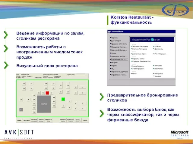 Korston Restaurant - функциональность Ведение информации по залам, столикам ресторана Предварительное бронирование