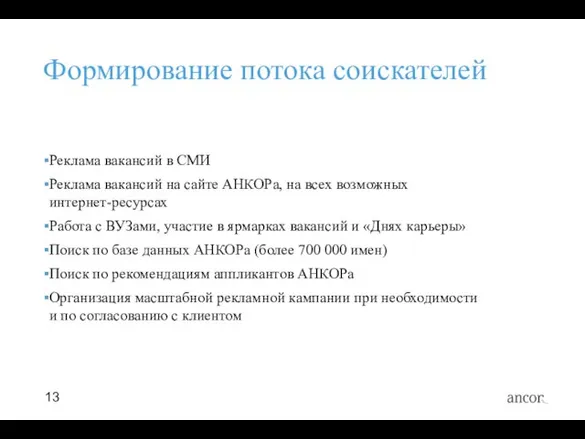 Формирование потока соискателей Реклама вакансий в СМИ Реклама вакансий на сайте АНКОРа,