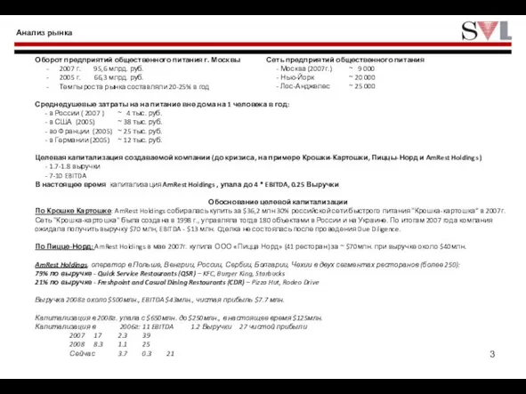 Анализ рынка Оборот предприятий общественного питания г. Москвы 2007 г. 95,6 млрд.